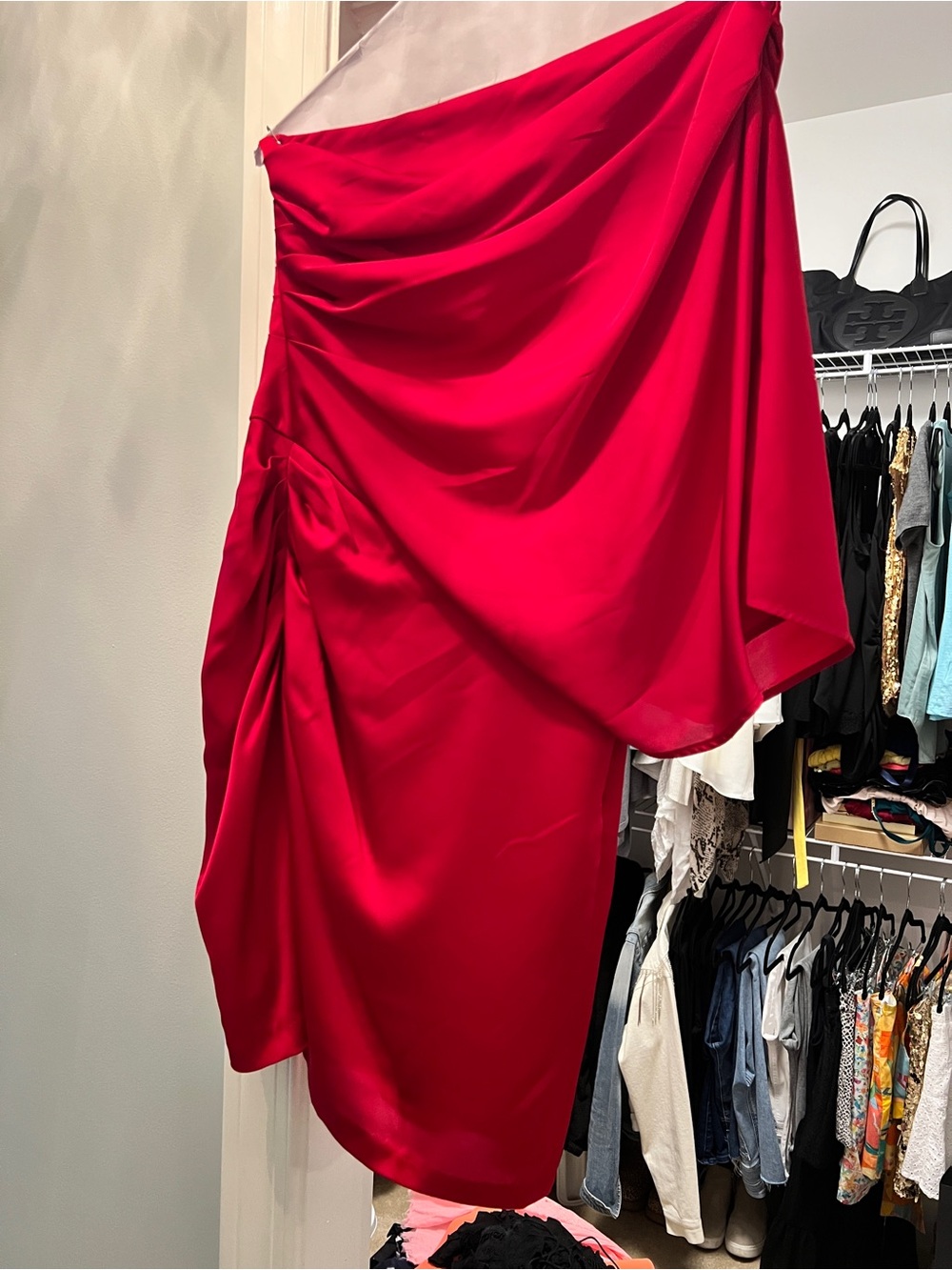 Cache One-Shoulder Red Satin Asymmetrical Dress
